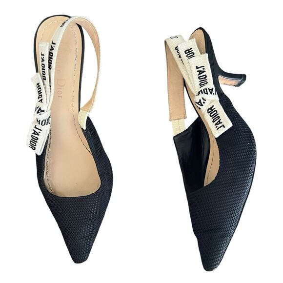 Christian Dior Women’s J’Adior Ribbon Black Cloth Point Toe Kitten Heels Sz 37 - Picture 1 of 12